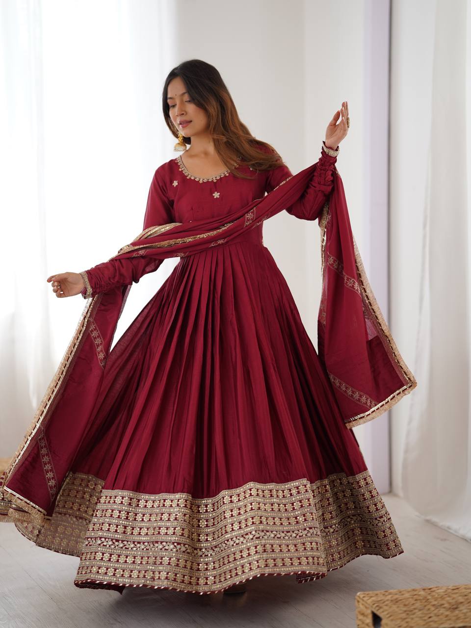 Prazu Fashion Maroon Chinon Silk Thread With Sequence Work Anarkali Suit - Distacart