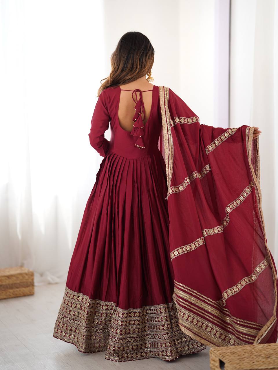 Prazu Fashion Maroon Chinon Silk Thread With Sequence Work Anarkali Suit - Distacart