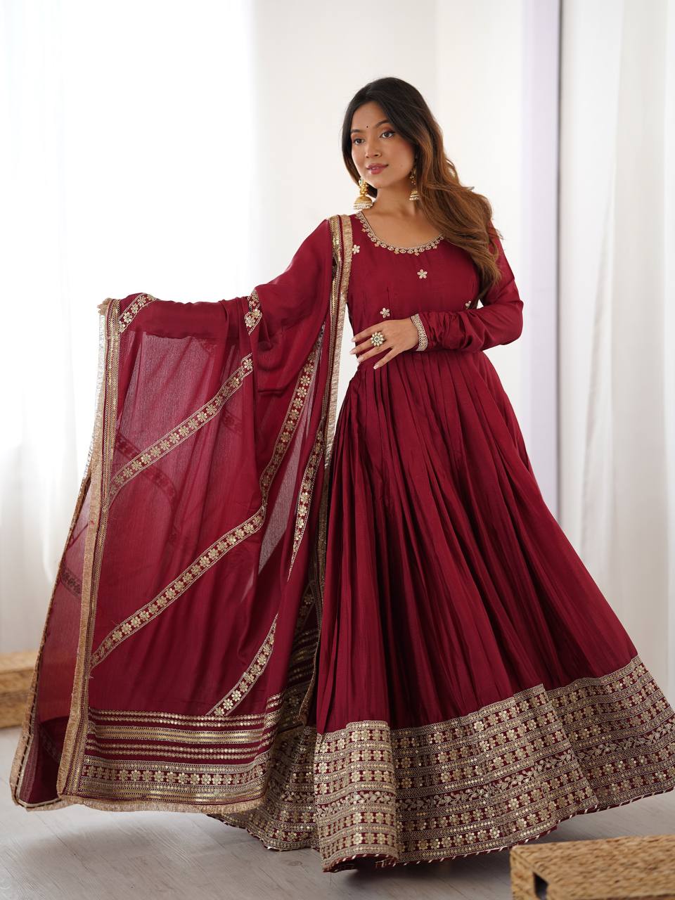 Prazu Fashion Maroon Chinon Silk Thread With Sequence Work Anarkali Suit - Distacart