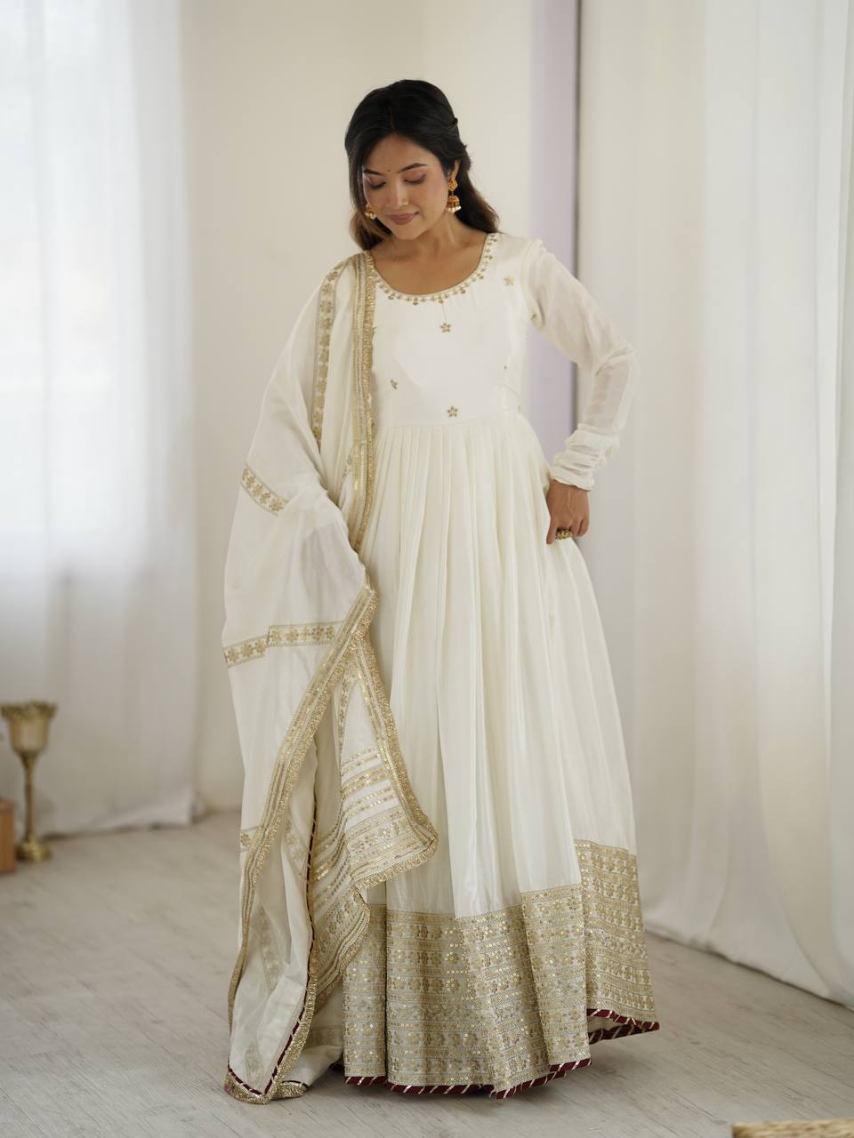 Prazu Fashion White Chinon Silk Thread With Sequence Work Anarkali Suit - Distacart