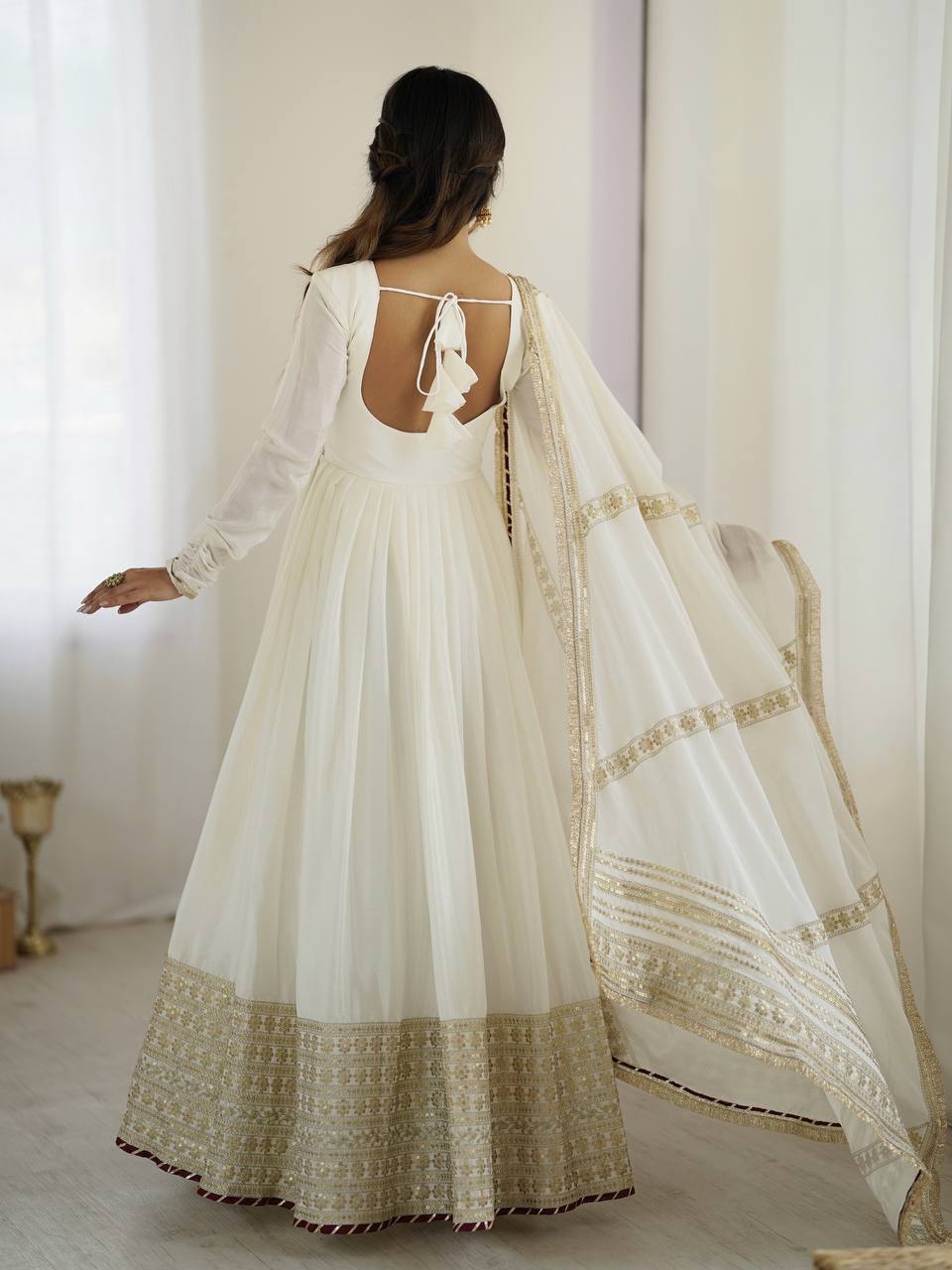 Prazu Fashion White Chinon Silk Thread With Sequence Work Anarkali Suit - Distacart