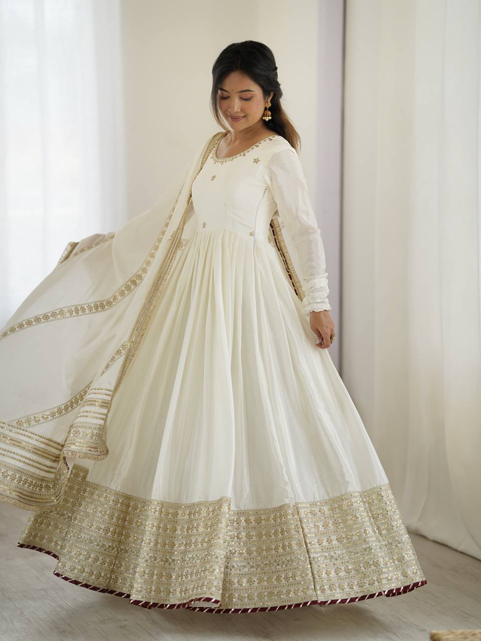 Prazu Fashion White Chinon Silk Thread With Sequence Work Anarkali Suit - Distacart