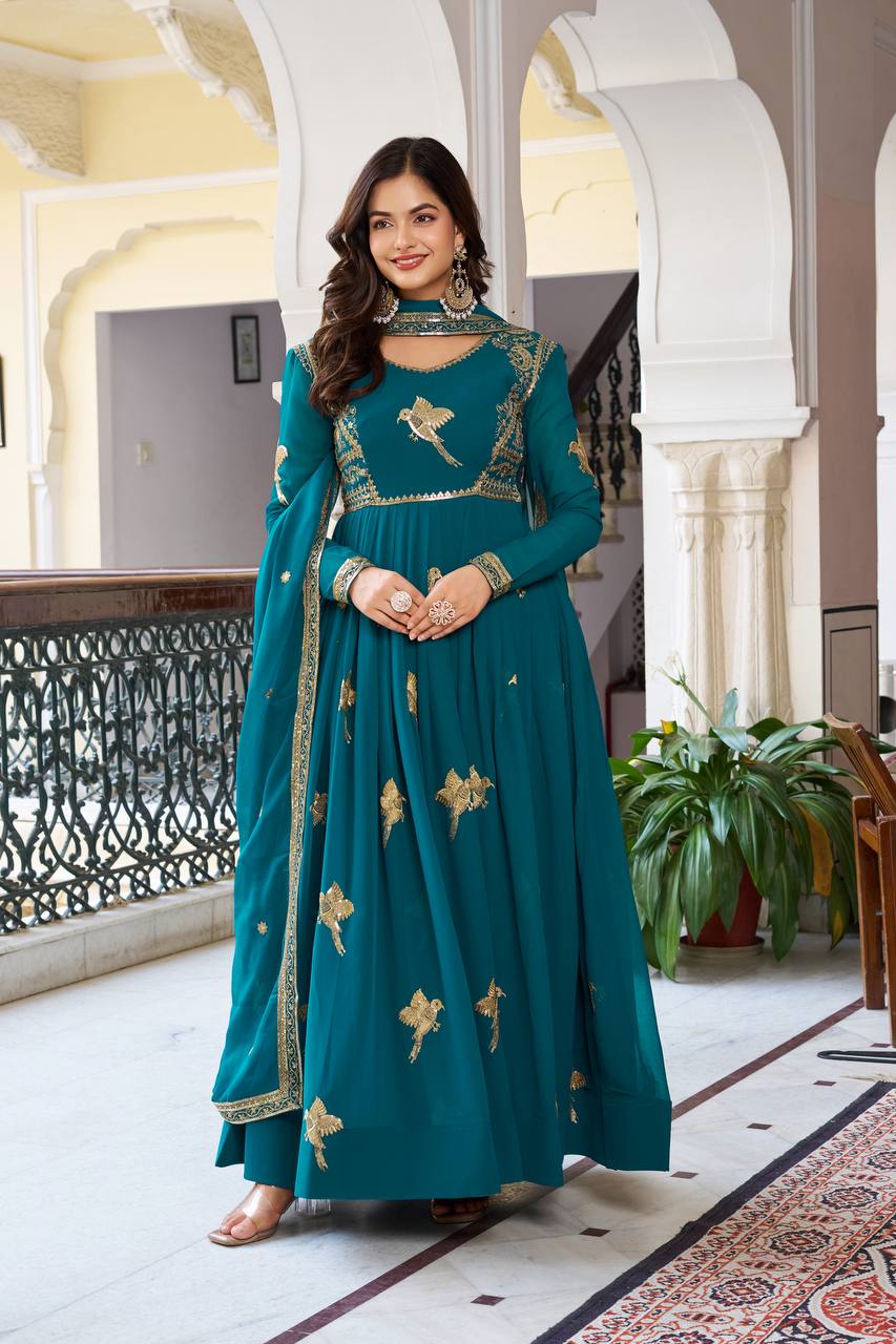 Lehenga Mart Faux Georgette Gown With Dupatta-Teal Blue - Distacart