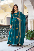 Lehenga Mart Faux Georgette Gown With Dupatta-Teal Blue - Distacart