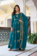 Lehenga Mart Faux Georgette Gown With Dupatta-Teal Blue - Distacart