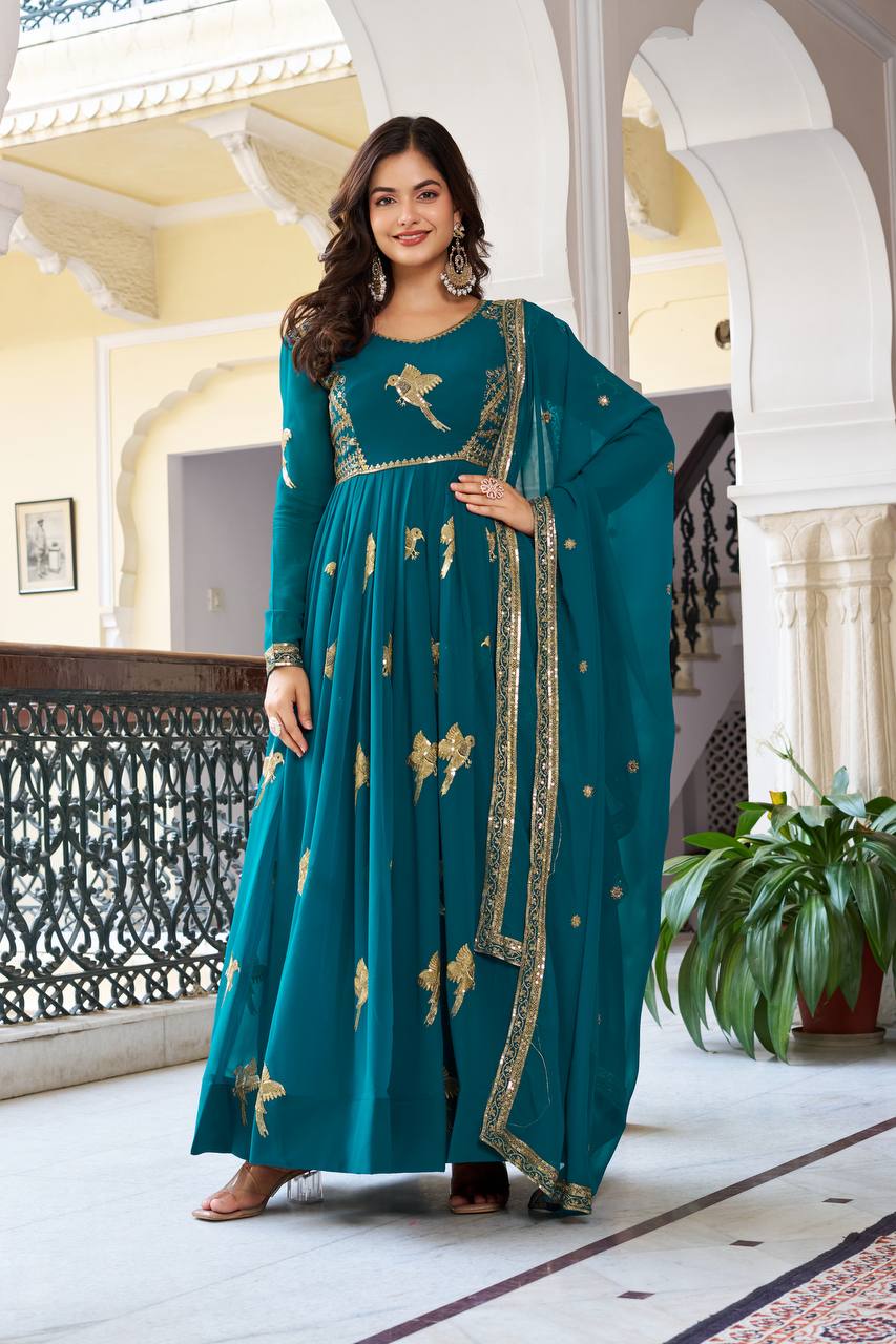 Lehenga Mart Faux Georgette Gown With Dupatta-Teal Blue - Distacart