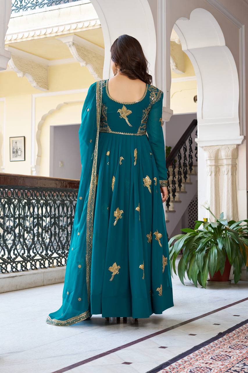 Lehenga Mart Faux Georgette Gown With Dupatta-Teal Blue - Distacart