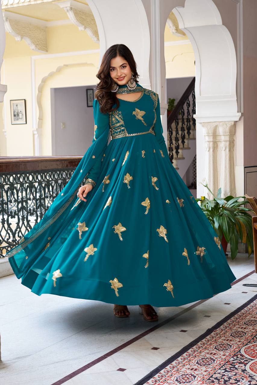 Lehenga Mart Faux Georgette Gown With Dupatta-Teal Blue - Distacart