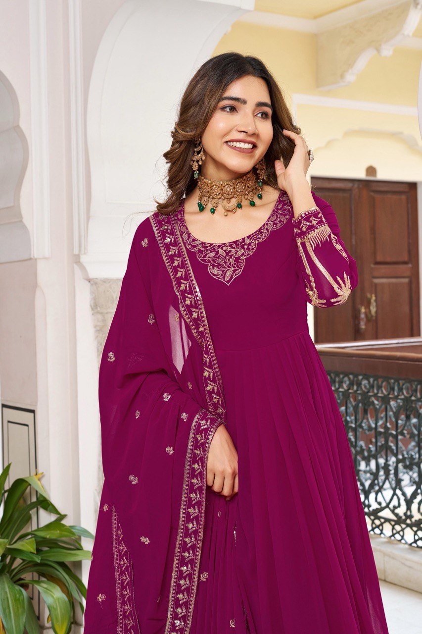Prazu Fashion Purple Georgette Thread With Sequence Work Anarkali Suit - Distacart