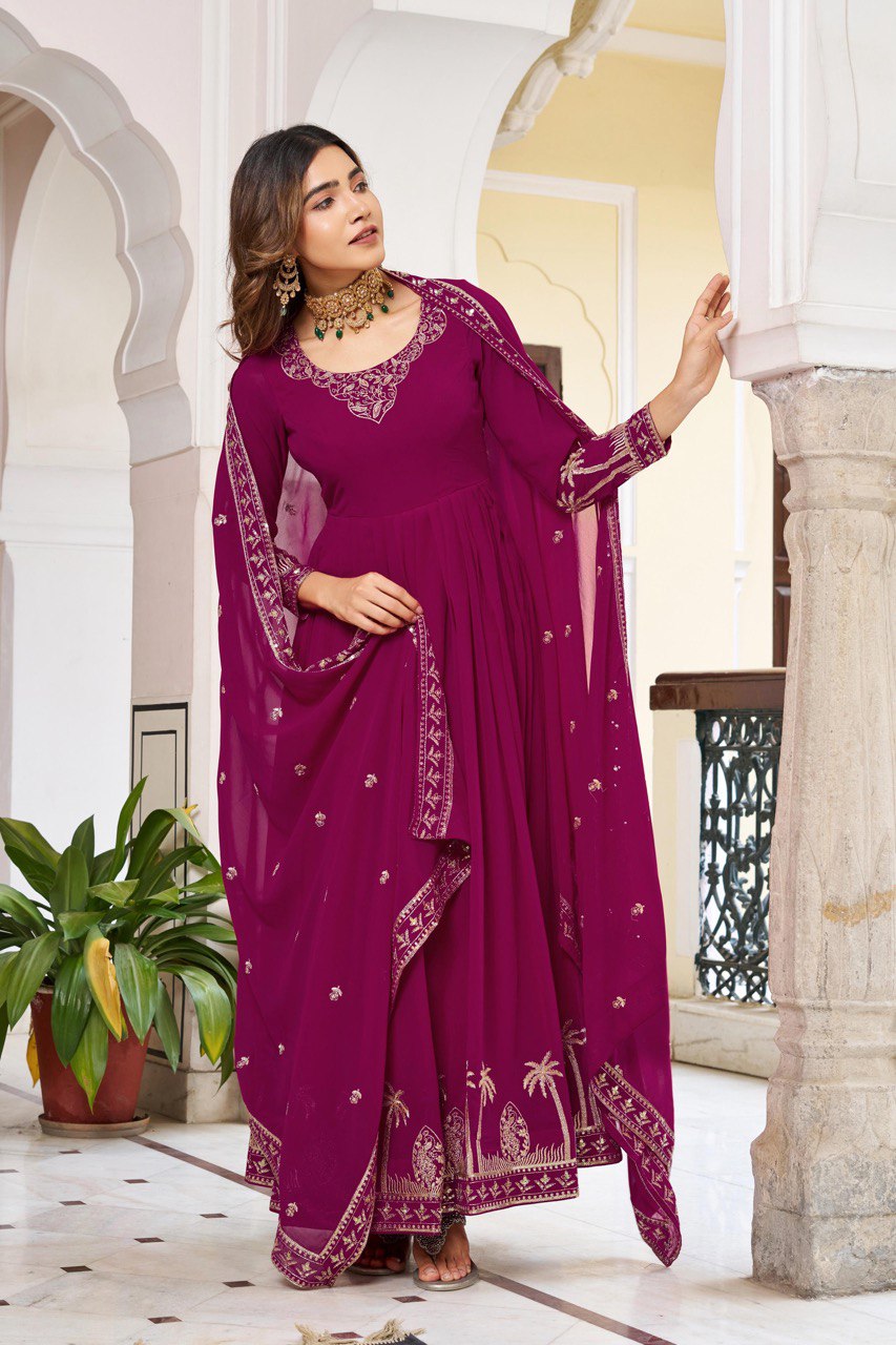 Prazu Fashion Purple Georgette Thread With Sequence Work Anarkali Suit - Distacart