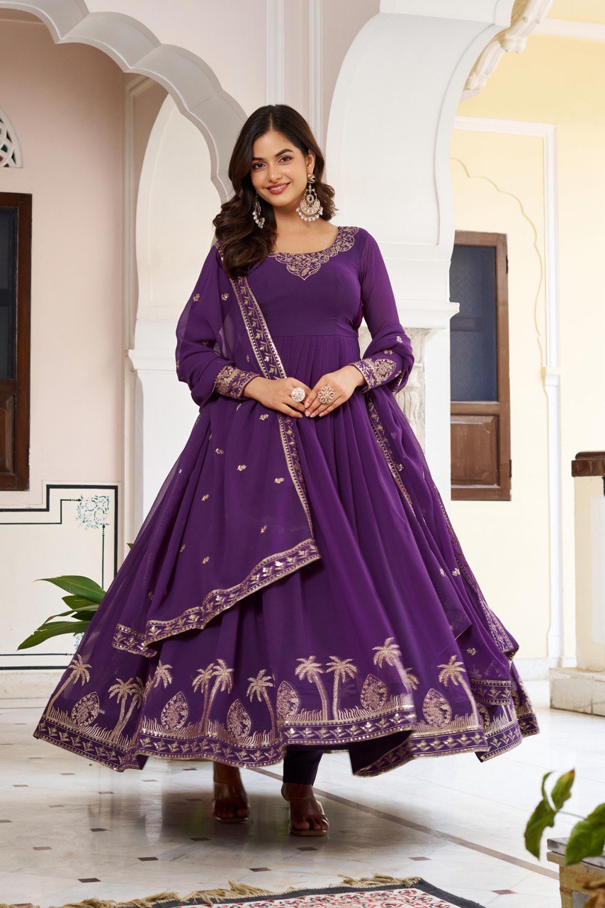 Prazu Fashion Violet Georgette Thread With Sequence Work Anarkali Suit - Distacart