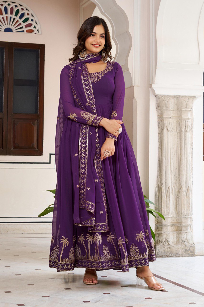 Prazu Fashion Violet Georgette Thread With Sequence Work Anarkali Suit - Distacart