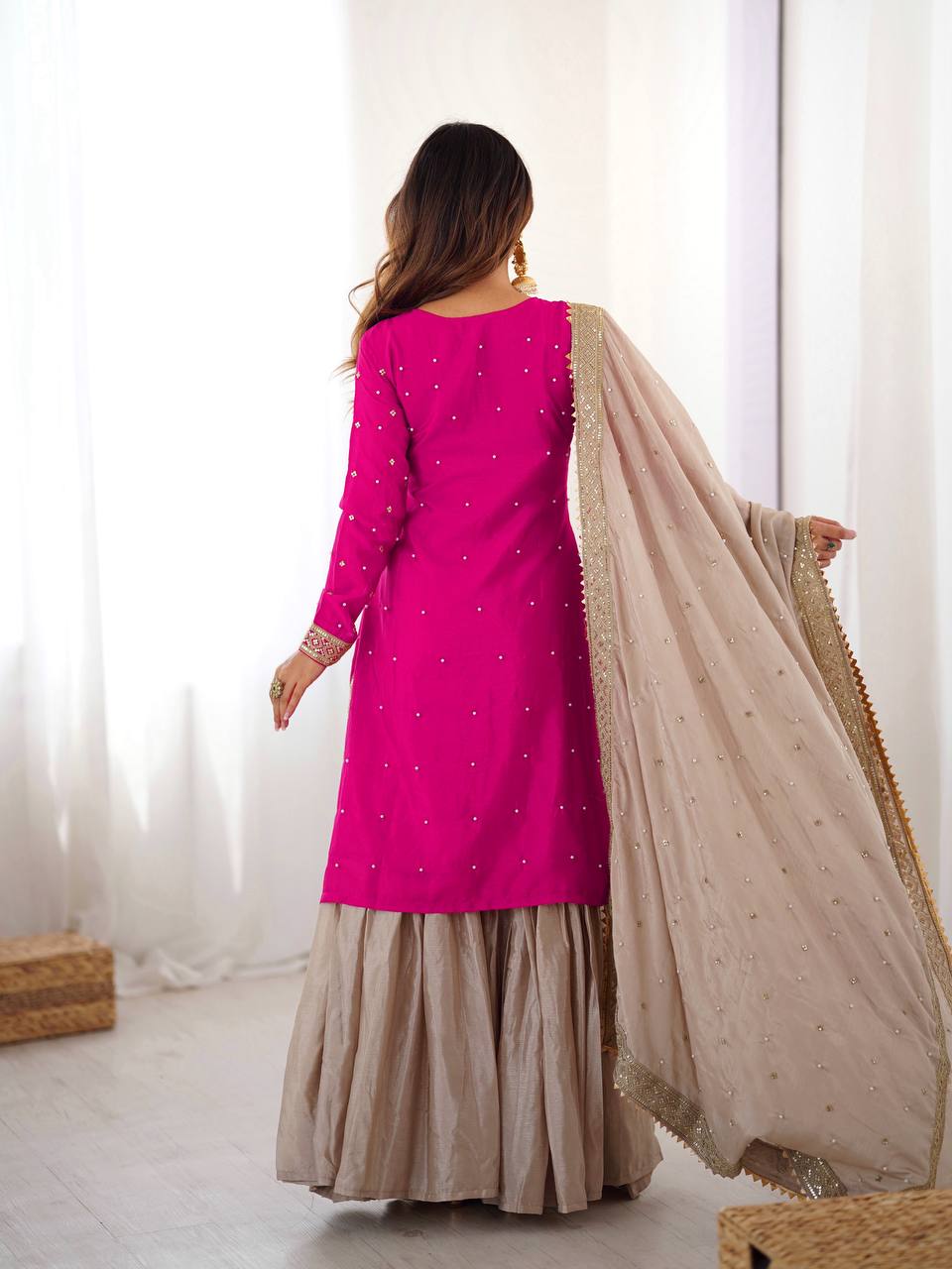 Prazu Fashion Pink Chinon Silk Sequence With Pearl Work Sharara Suit - Distacart