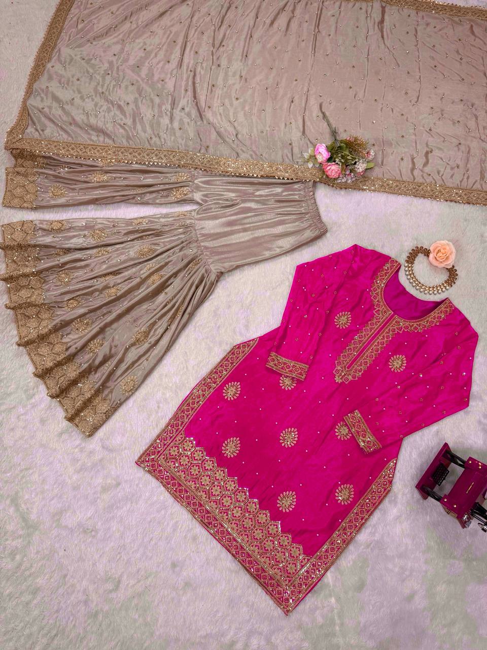 Prazu Fashion Pink Chinon Silk Sequence With Pearl Work Sharara Suit - Distacart