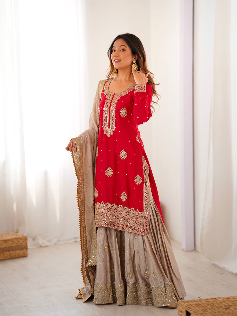 Prazu Fashion Red Chinon Silk Sequence With Pearl Work Sharara Suit - Distacart