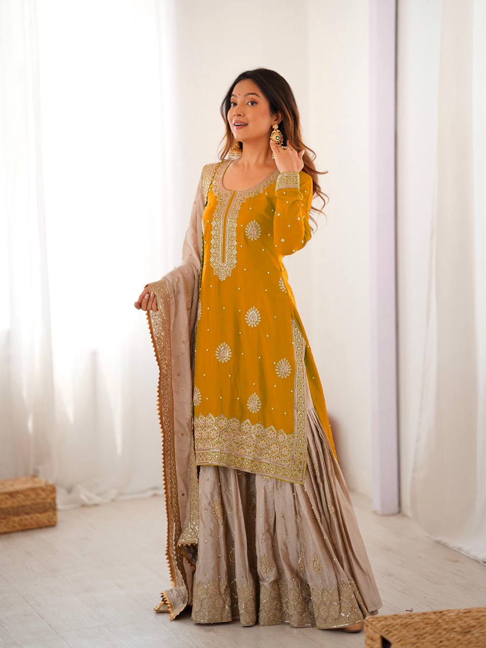 Prazu Fashion Yellow Chinon Silk Sequence With Pearl Work Sharara Suit - Distacart