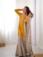 Prazu Fashion Yellow Chinon Silk Sequence With Pearl Work Sharara Suit - Distacart
