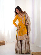 Prazu Fashion Yellow Chinon Silk Sequence With Pearl Work Sharara Suit - Distacart
