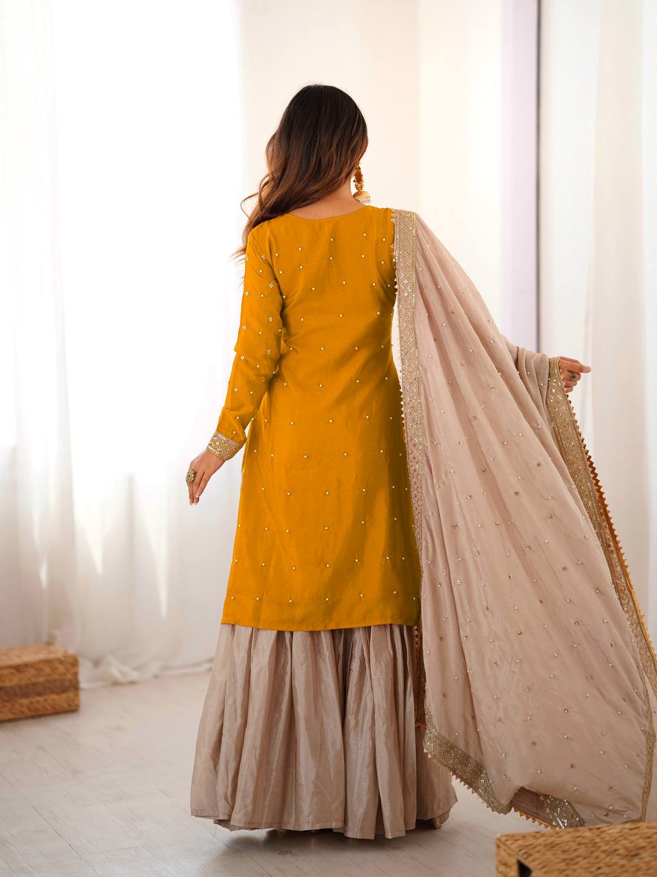 Prazu Fashion Yellow Chinon Silk Sequence With Pearl Work Sharara Suit - Distacart