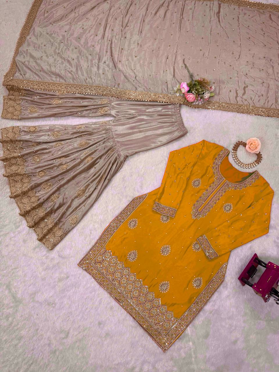 Prazu Fashion Yellow Chinon Silk Sequence With Pearl Work Sharara Suit - Distacart