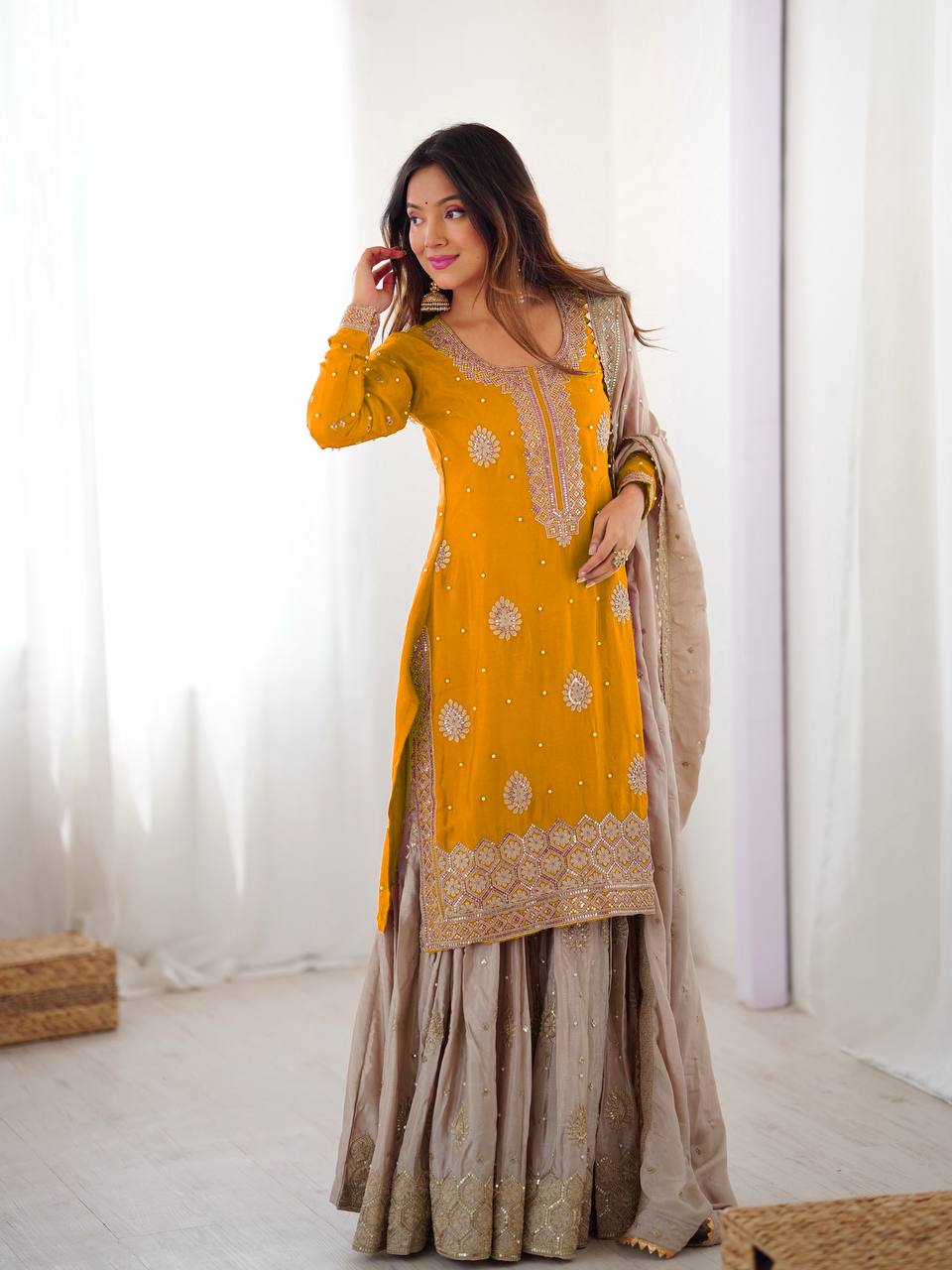 Prazu Fashion Yellow Chinon Silk Sequence With Pearl Work Sharara Suit - Distacart
