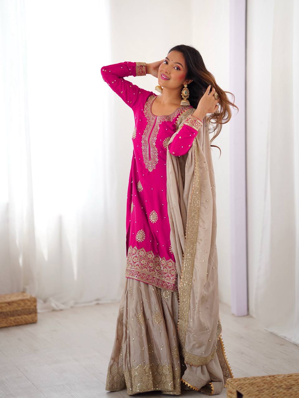 Prazu Fashion Pink Chinon Silk Sequence With Pearl Work Sharara Suit - Distacart