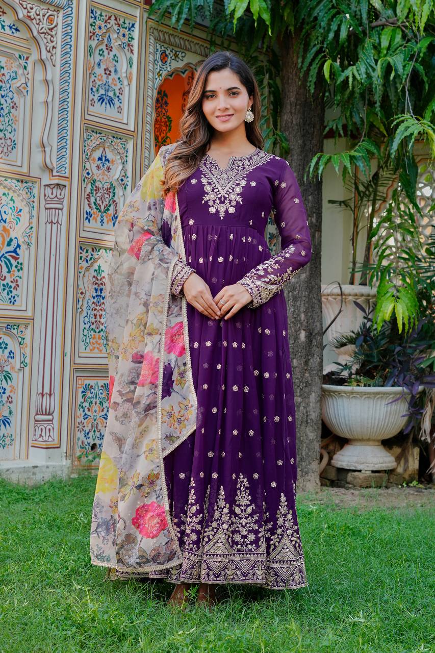 Prazu Fashion Violet Georgette Thread With Sequence Work Anarkali Suit - Distacart