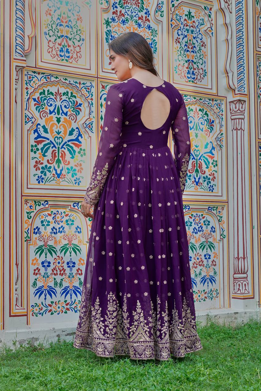 Prazu Fashion Violet Georgette Thread With Sequence Work Anarkali Suit - Distacart