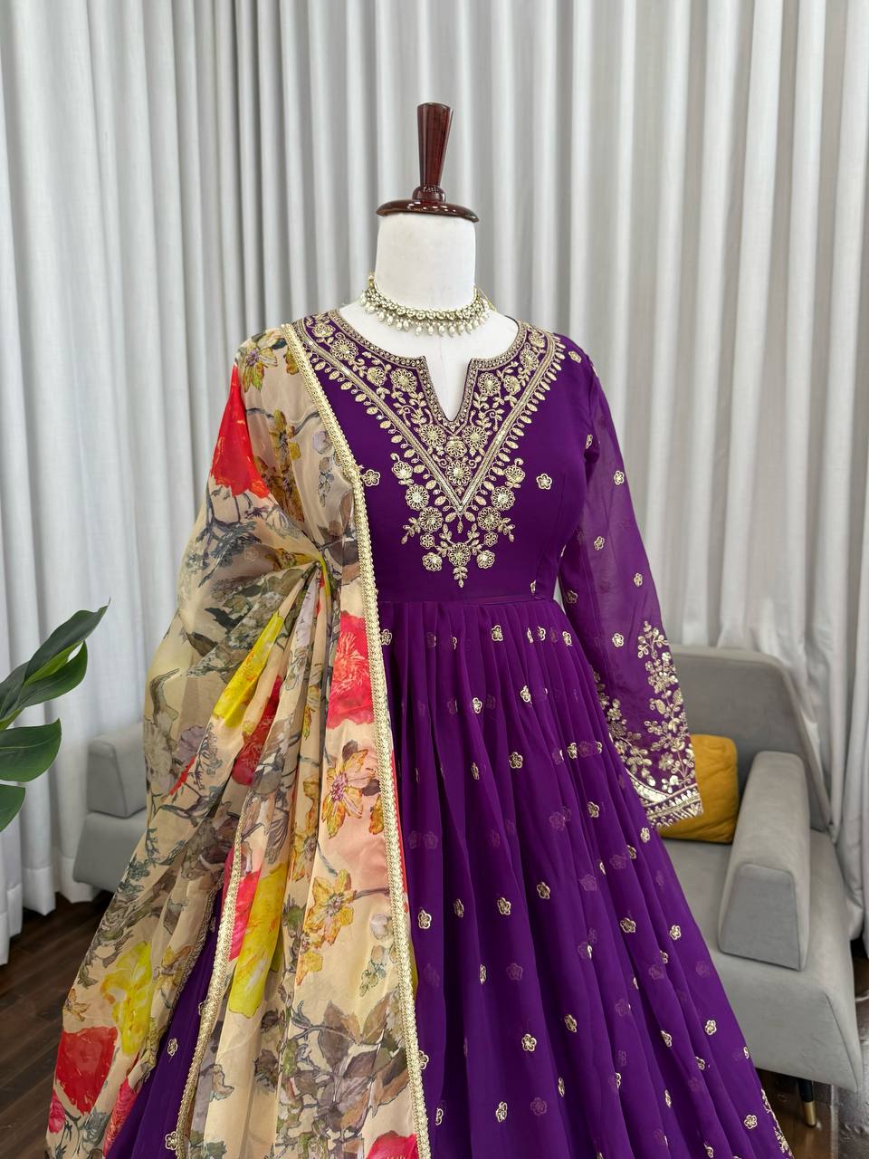 Prazu Fashion Violet Georgette Thread With Sequence Work Anarkali Suit - Distacart