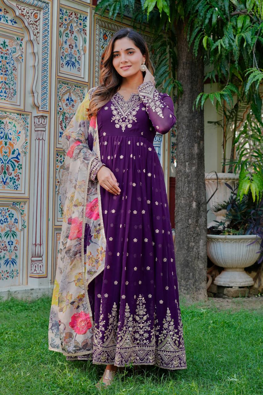 Prazu Fashion Violet Georgette Thread With Sequence Work Anarkali Suit - Distacart