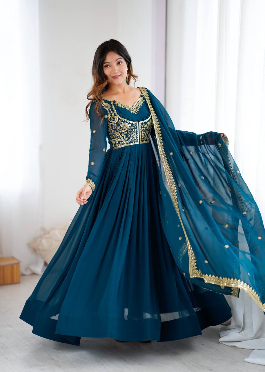 Prazu Fashion Royal Blue Faux Georgette Embroidered Sequin Anarkali Suit - Distacart