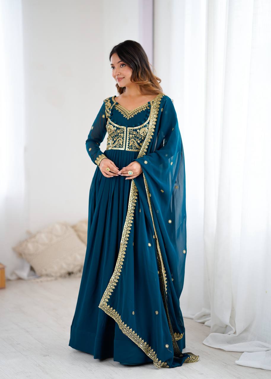 Prazu Fashion Royal Blue Faux Georgette Embroidered Sequin Anarkali Suit - Distacart