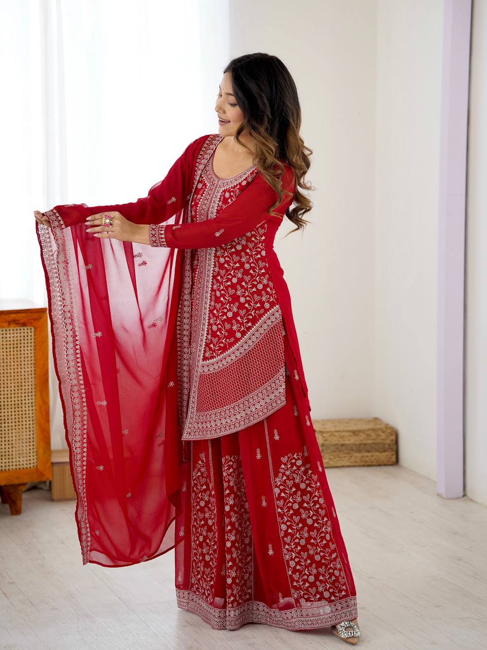 Prazu Fashion Red Faux Georgette Embroidered Thread Work Plazzo Suit - Distacart