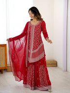 Prazu Fashion Red Faux Georgette Embroidered Thread Work Plazzo Suit - Distacart