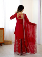 Prazu Fashion Red Faux Georgette Embroidered Thread Work Plazzo Suit - Distacart