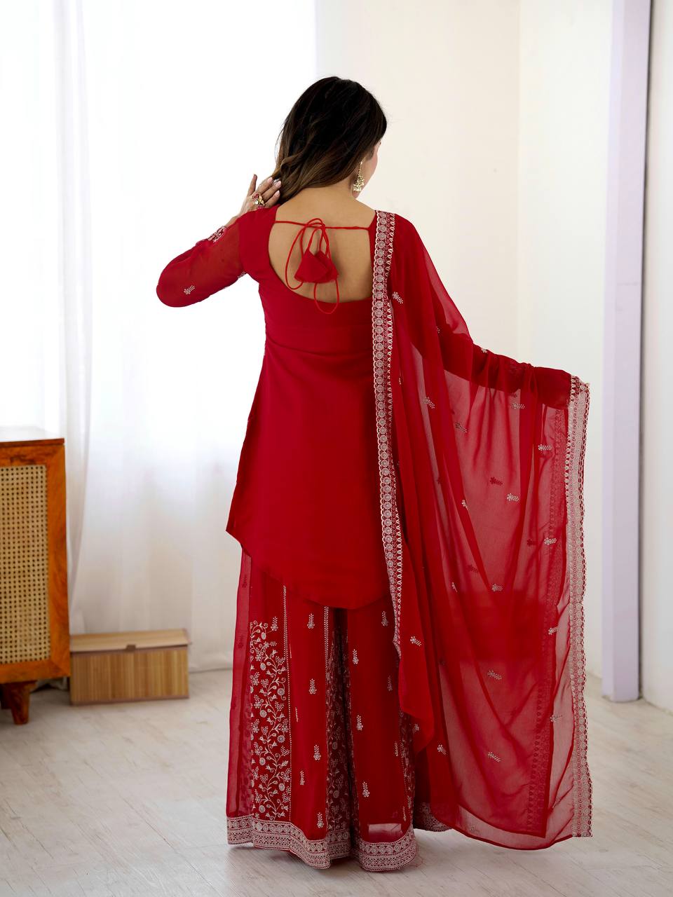 Prazu Fashion Red Faux Georgette Embroidered Thread Work Plazzo Suit - Distacart