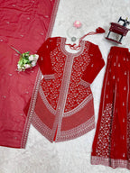 Prazu Fashion Red Faux Georgette Embroidered Thread Work Plazzo Suit - Distacart