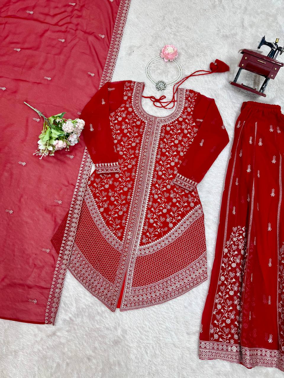 Prazu Fashion Red Faux Georgette Embroidered Thread Work Plazzo Suit - Distacart