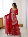 Prazu Fashion Red Faux Georgette Embroidered Thread Work Plazzo Suit - Distacart