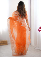 Prazu Fashion Orange Thread Sequence Organza Silk Party Wear Saree - Distacart