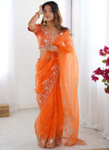 Prazu Fashion Orange Thread Sequence Organza Silk Party Wear Saree - Distacart