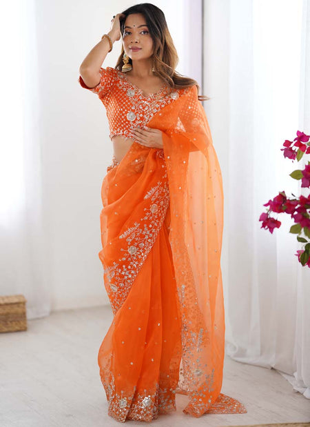Prazu Fashion Orange Thread Sequence Organza Silk Party Wear Saree