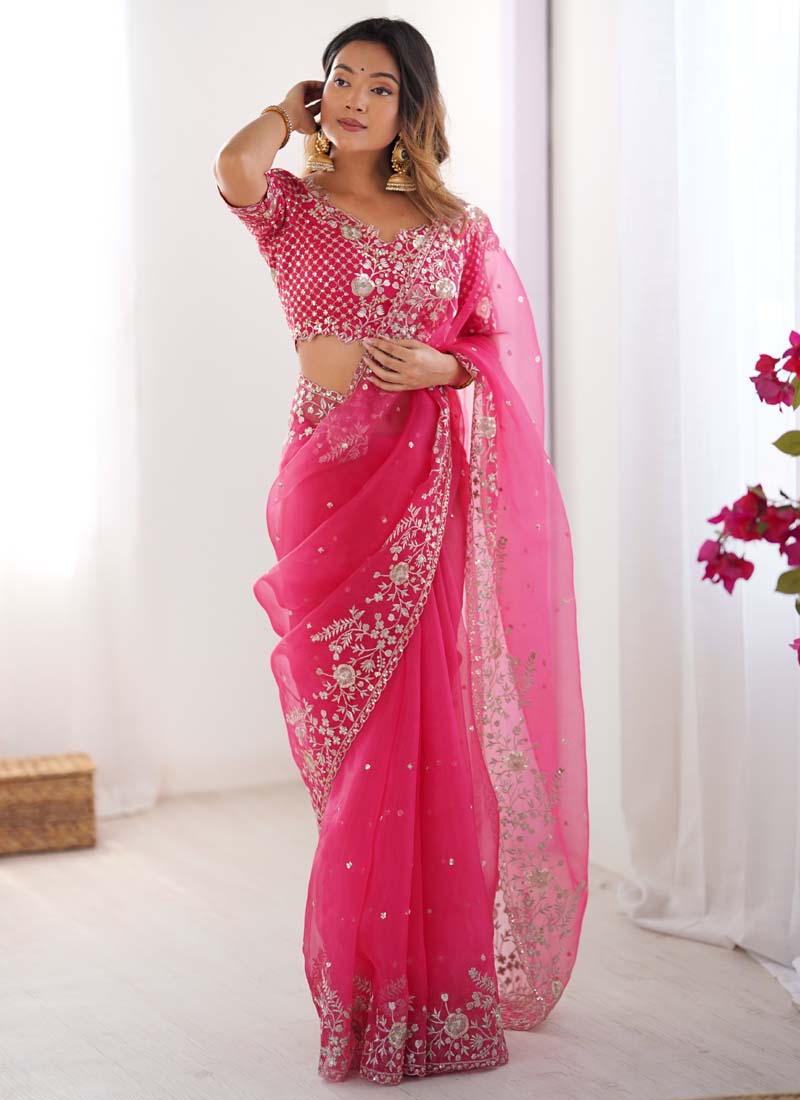Prazu Fashion Pink Thread Sequence Organza Silk Party Wear Saree - Distacart
