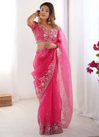 Prazu Fashion Pink Thread Sequence Organza Silk Party Wear Saree - Distacart