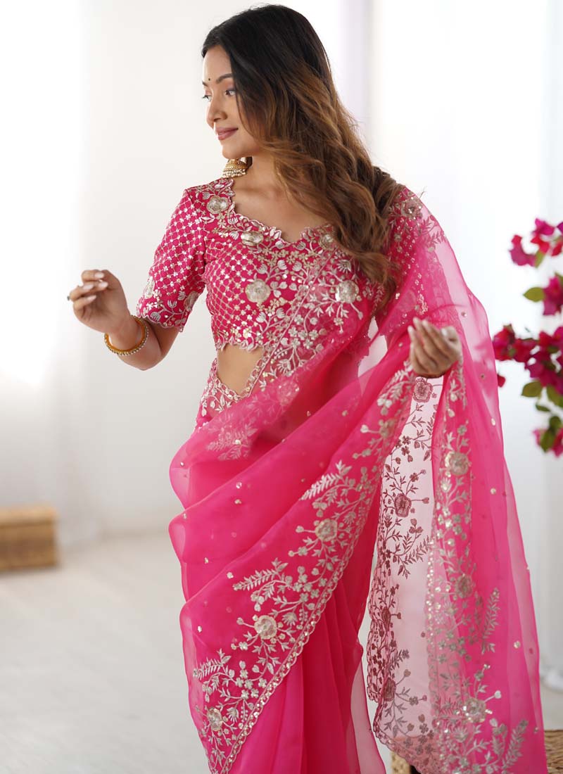 Prazu Fashion Pink Thread Sequence Organza Silk Party Wear Saree - Distacart
