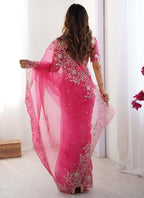 Prazu Fashion Pink Thread Sequence Organza Silk Party Wear Saree - Distacart