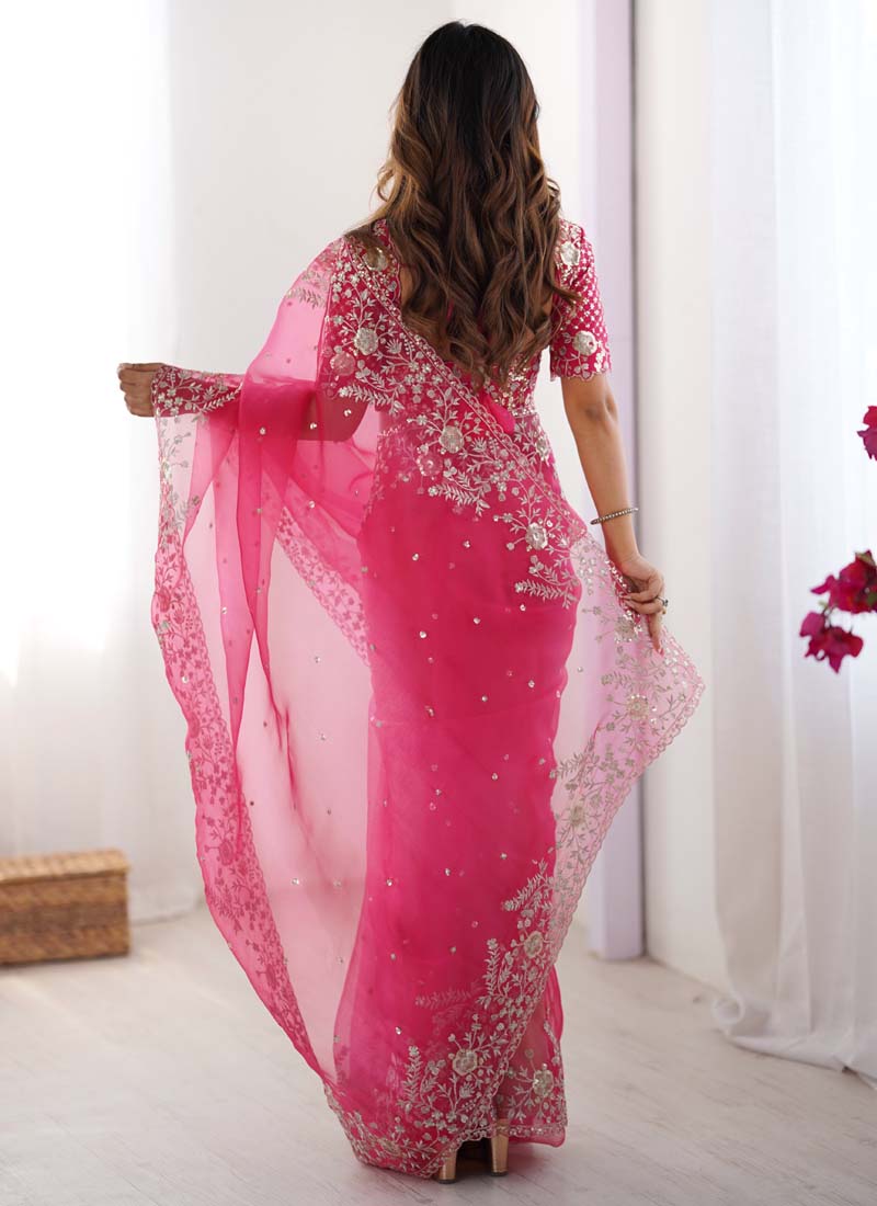 Prazu Fashion Pink Thread Sequence Organza Silk Party Wear Saree - Distacart