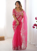 Prazu Fashion Pink Thread Sequence Organza Silk Party Wear Saree - Distacart