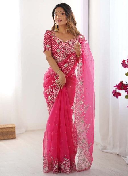 Prazu Fashion Pink Thread Sequence Organza Silk Party Wear Saree