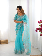 Prazu Fashion Sky Blue Thread Sequence Organza Silk Party Wear Saree - Distacart